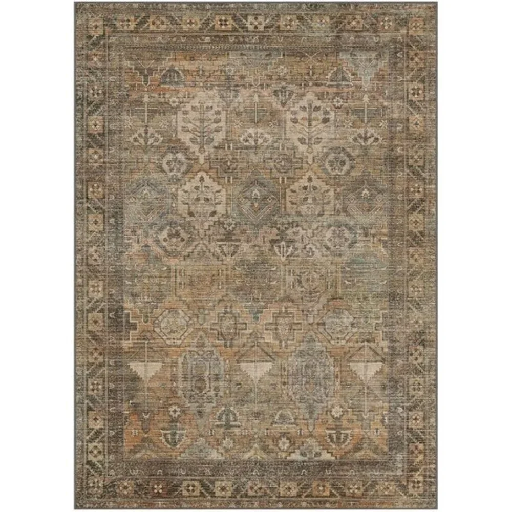 New 5x7 Washable Area Rug, Warm Taupe Vintage Low Pile Non-Slip Carpet for Home